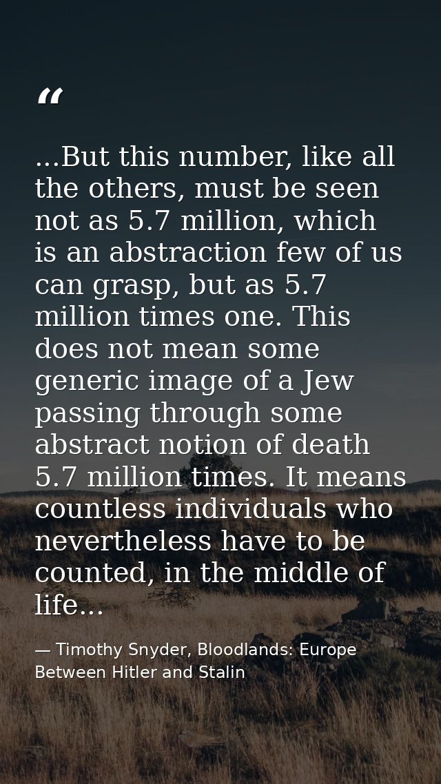 ...But this number, like all the others, must be seen not as 5.7 million, which is an abstraction few of us can grasp, b — Timothy Snyder, Bloodlands: Europe Between Hitler and Stalin