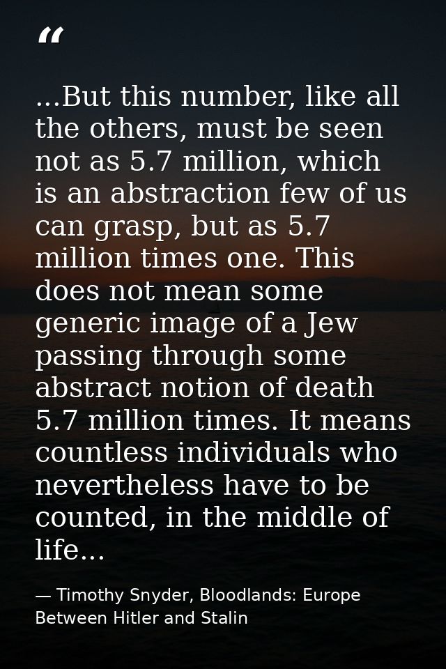 ...But this number, like all the others, must be seen not as 5.7 million, which is an abstraction few of us can grasp, b — Timothy Snyder, Bloodlands: Europe Between Hitler and Stalin