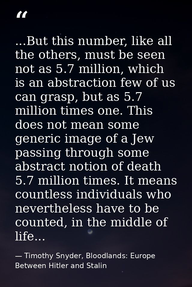 ...But this number, like all the others, must be seen not as 5.7 million, which is an abstraction few of us can grasp, b — Timothy Snyder, Bloodlands: Europe Between Hitler and Stalin