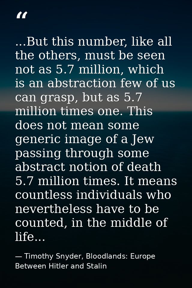 ...But this number, like all the others, must be seen not as 5.7 million, which is an abstraction few of us can grasp, b — Timothy Snyder, Bloodlands: Europe Between Hitler and Stalin