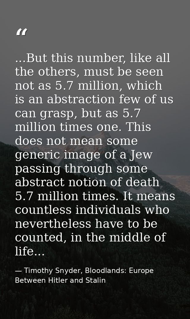 ...But this number, like all the others, must be seen not as 5.7 million, which is an abstraction few of us can grasp, b — Timothy Snyder, Bloodlands: Europe Between Hitler and Stalin