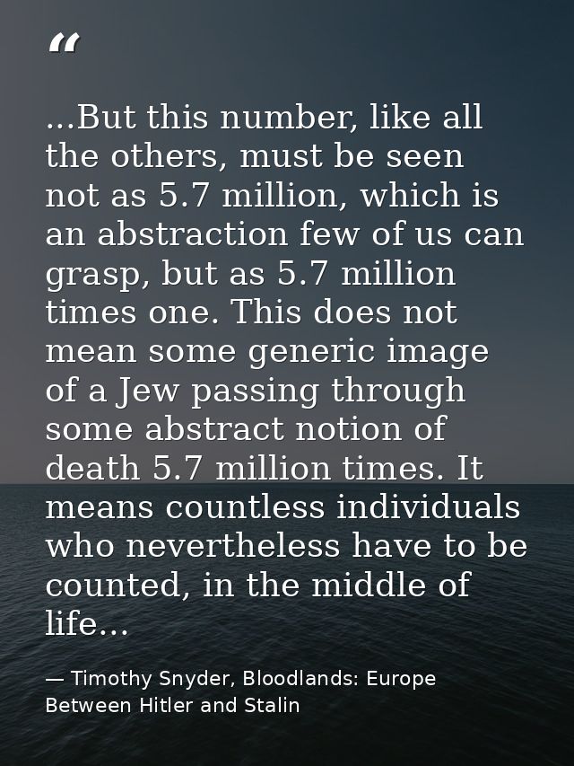 ...But this number, like all the others, must be seen not as 5.7 million, which is an abstraction few of us can grasp, b — Timothy Snyder, Bloodlands: Europe Between Hitler and Stalin
