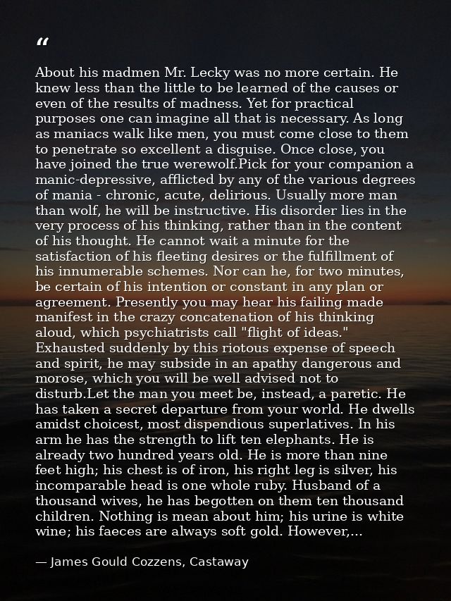 About his madmen Mr. Lecky was no more certain. He knew less than the little to be learned of the causes or even of the  — James Gould Cozzens, Castaway