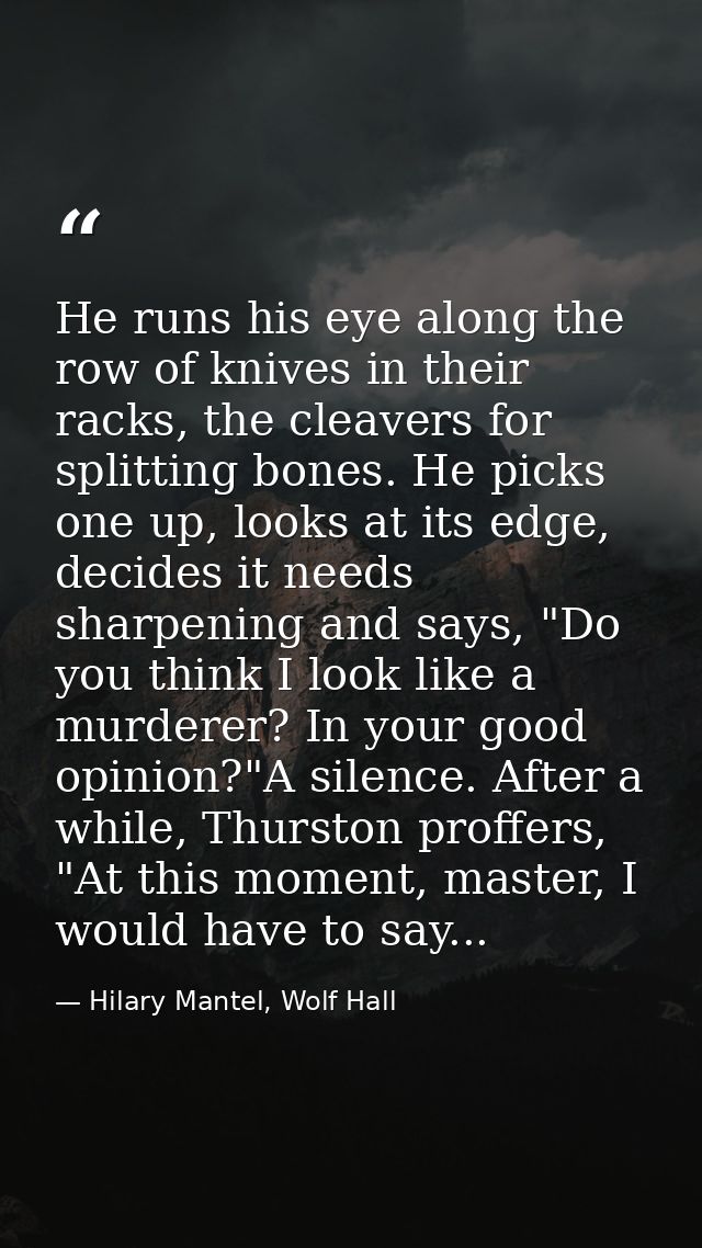 He runs his eye along the row of knives in their racks, the cleavers for splitting bones. He picks one up, looks at its  — Hilary Mantel, Wolf Hall