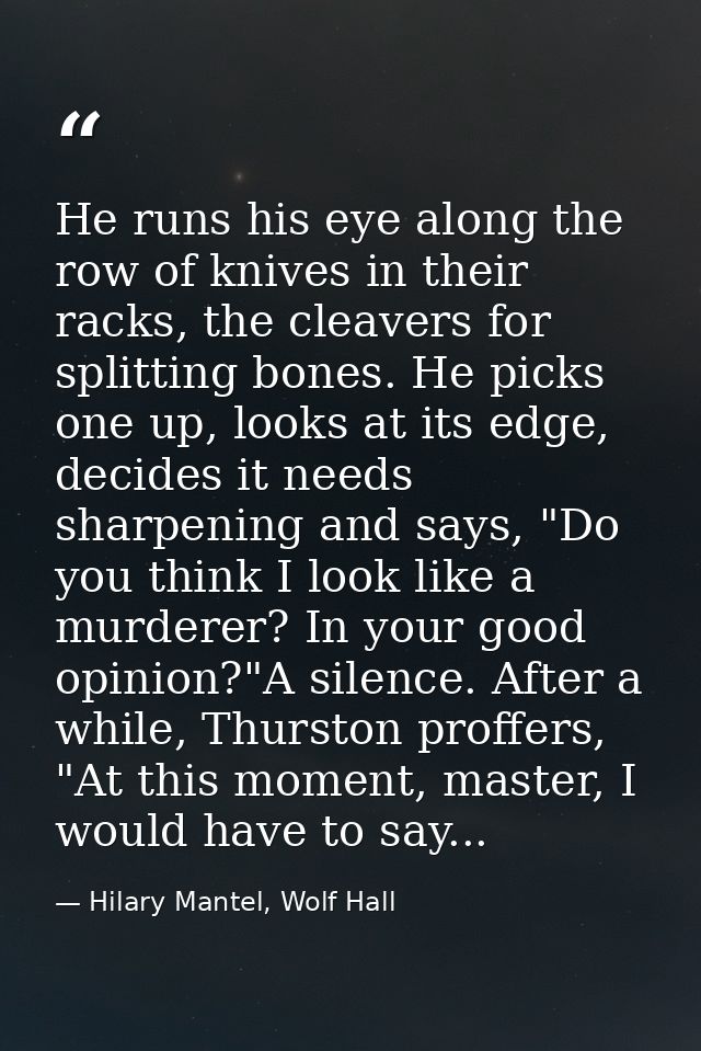 He runs his eye along the row of knives in their racks, the cleavers for splitting bones. He picks one up, looks at its  — Hilary Mantel, Wolf Hall