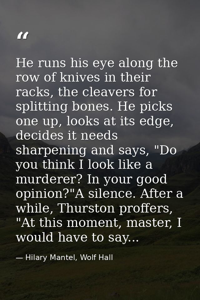 He runs his eye along the row of knives in their racks, the cleavers for splitting bones. He picks one up, looks at its  — Hilary Mantel, Wolf Hall