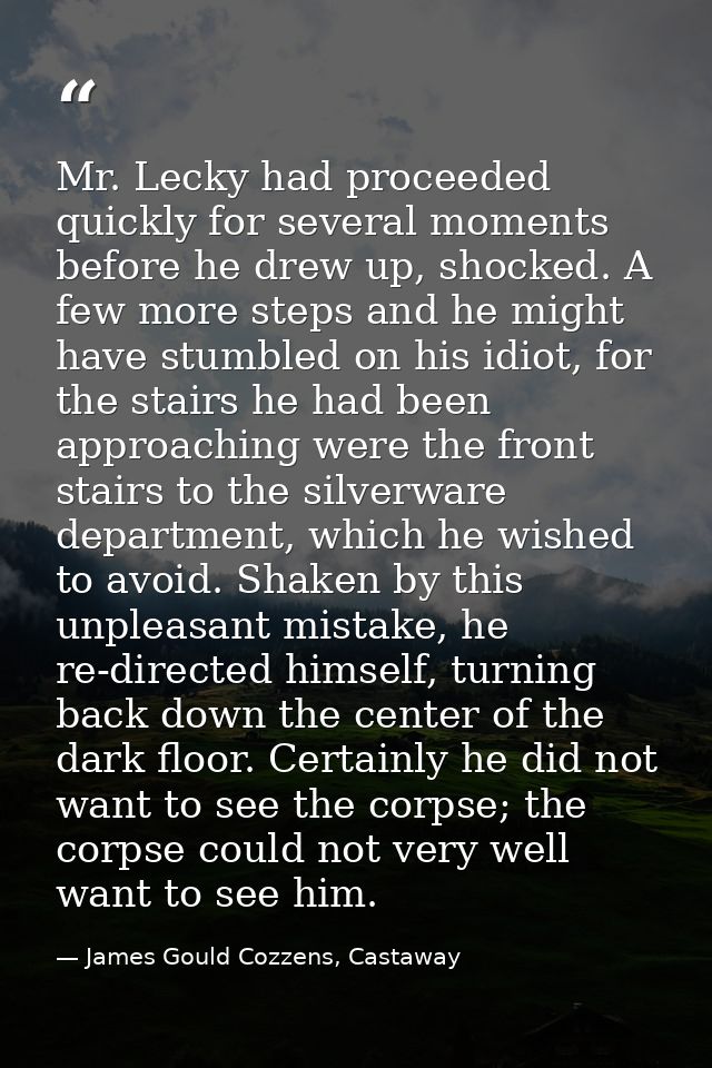 Mr. Lecky had proceeded quickly for several moments before he drew up, shocked. A few more steps and he might have stumb — James Gould Cozzens, Castaway