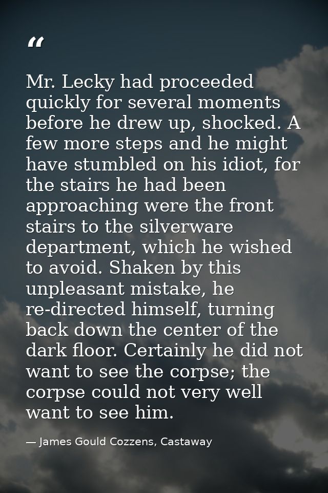 Mr. Lecky had proceeded quickly for several moments before he drew up, shocked. A few more steps and he might have stumb — James Gould Cozzens, Castaway