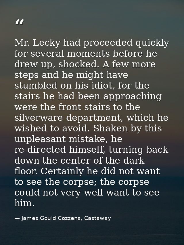 Mr. Lecky had proceeded quickly for several moments before he drew up, shocked. A few more steps and he might have stumb — James Gould Cozzens, Castaway