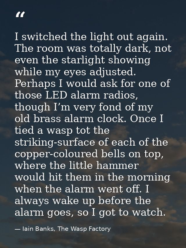 I switched the light out again. The room was totally dark, not even the starlight showing while my eyes adjusted. Perhap — Iain Banks, The Wasp Factory