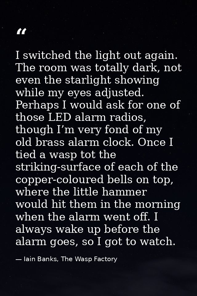 I switched the light out again. The room was totally dark, not even the starlight showing while my eyes adjusted. Perhap — Iain Banks, The Wasp Factory
