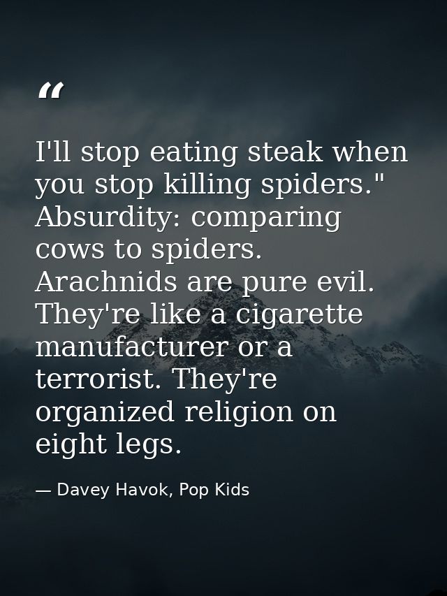 I'll stop eating steak when you stop killing spiders." Absurdity: comparing cows to spiders. Arachnids are pure evil. Th — Davey Havok, Pop Kids