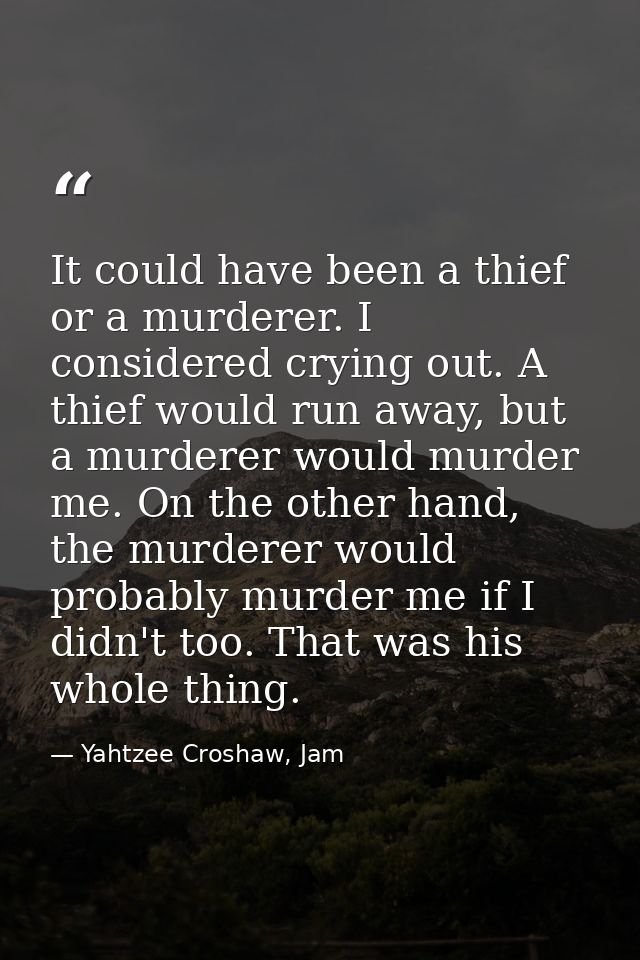 It could have been a thief or a murderer. I considered crying out. A thief would run away, but a murderer would murder m — Yahtzee Croshaw, Jam