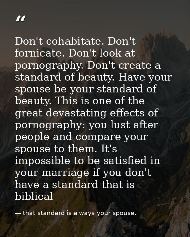 Don't cohabitate. Don't fornicate. Don't look at pornography. Don't create a standard of beauty. Have your spouse be you — that standard is always your spouse.