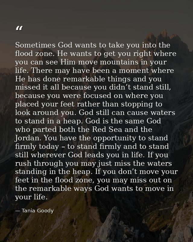 Sometimes God wants to take you into the flood zone. He wants to get you right where you can see Him move mountains in y — Tania Goody