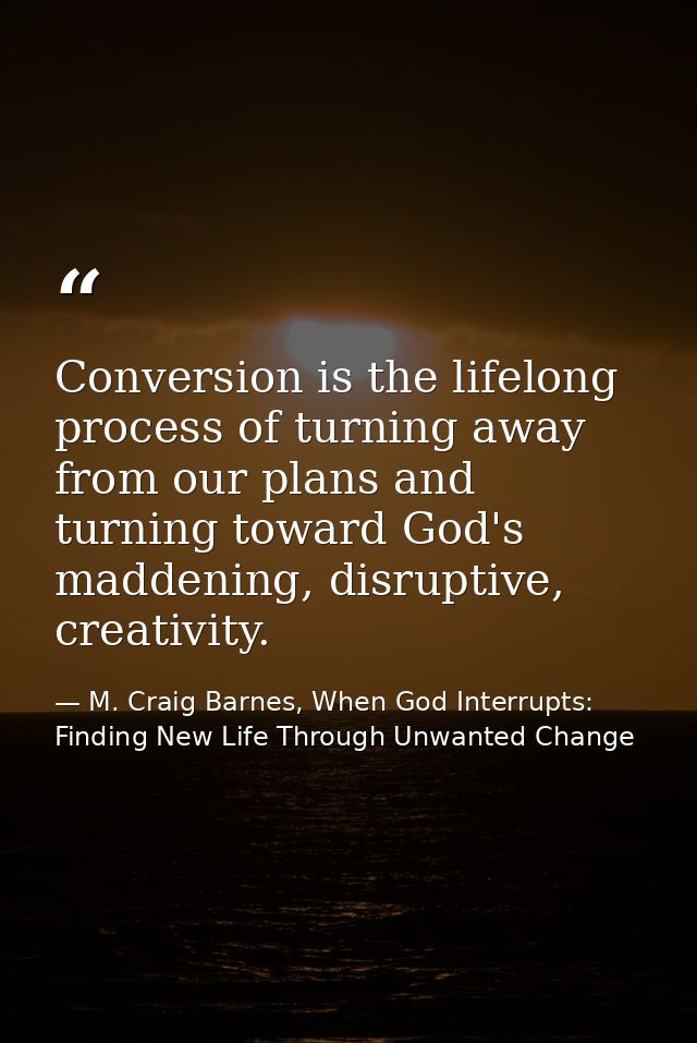 Conversion is the lifelong process of turning away from our plans and turning toward God's maddening, disruptive, creati — M. Craig Barnes, When God Interrupts: Finding New Life Through Unwanted Change