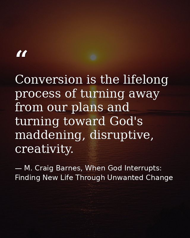 Conversion is the lifelong process of turning away from our plans and turning toward God's maddening, disruptive, creati — M. Craig Barnes, When God Interrupts: Finding New Life Through Unwanted Change