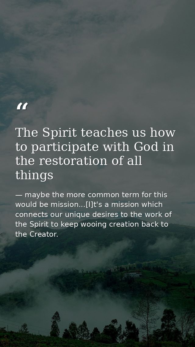 The Spirit teaches us how to participate with God in the restoration of all things — maybe the more common term for this would be mission...[I]t's a mission which connects our unique desires to the work of the Spirit to keep wooing creation back to the Creator.