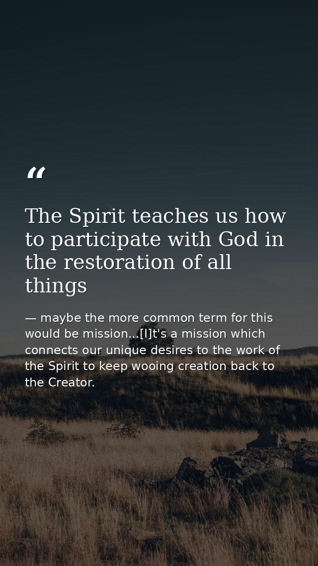 The Spirit teaches us how to participate with God in the restoration of all things — maybe the more common term for this would be mission...[I]t's a mission which connects our unique desires to the work of the Spirit to keep wooing creation back to the Creator.