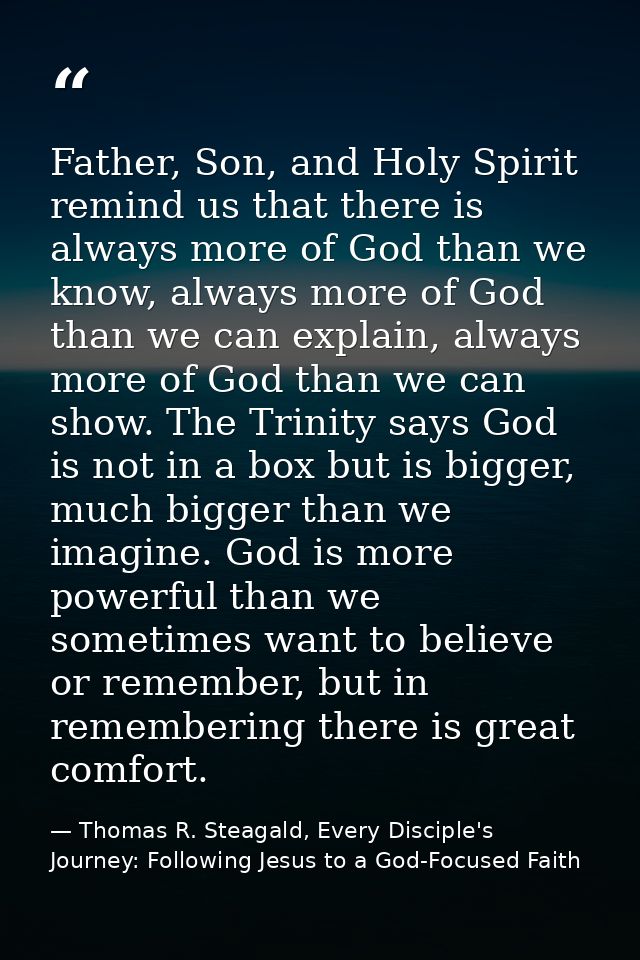Father, Son, and Holy Spirit remind us that there is always more of God than we know, always more of God than we can exp — Thomas R. Steagald, Every Disciple's Journey: Following Jesus to a God-Focused Faith