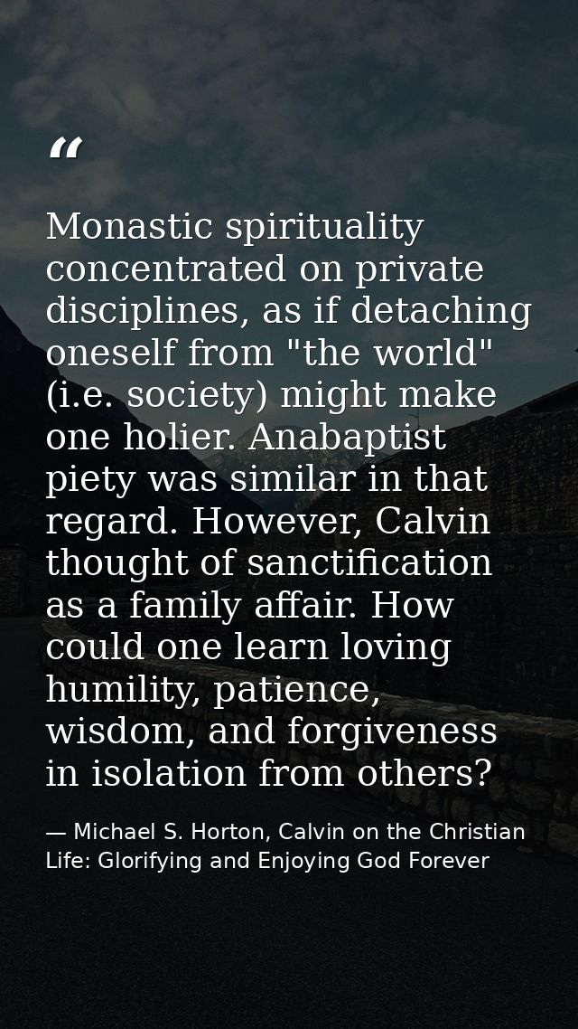 Monastic spirituality concentrated on private disciplines, as if detaching oneself from "the world" (i.e. society) might — Michael S. Horton, Calvin on the Christian Life: Glorifying and Enjoying God Forever