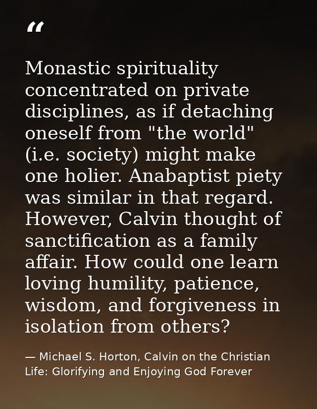 Monastic spirituality concentrated on private disciplines, as if detaching oneself from "the world" (i.e. society) might — Michael S. Horton, Calvin on the Christian Life: Glorifying and Enjoying God Forever