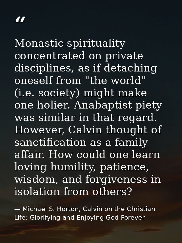 Monastic spirituality concentrated on private disciplines, as if detaching oneself from "the world" (i.e. society) might — Michael S. Horton, Calvin on the Christian Life: Glorifying and Enjoying God Forever