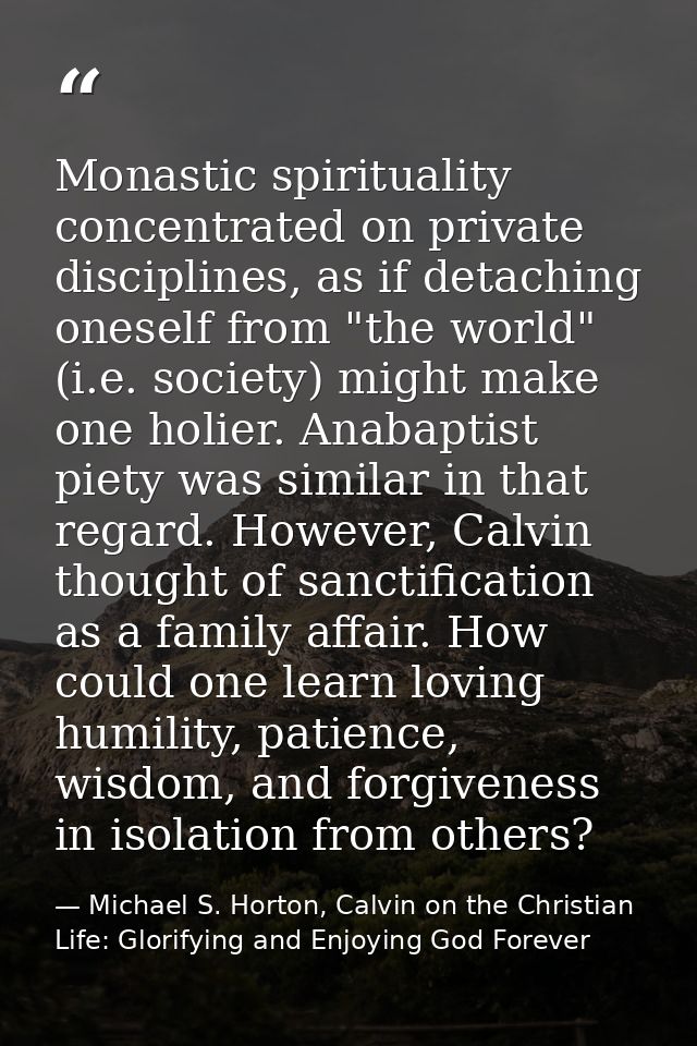 Monastic spirituality concentrated on private disciplines, as if detaching oneself from "the world" (i.e. society) might — Michael S. Horton, Calvin on the Christian Life: Glorifying and Enjoying God Forever