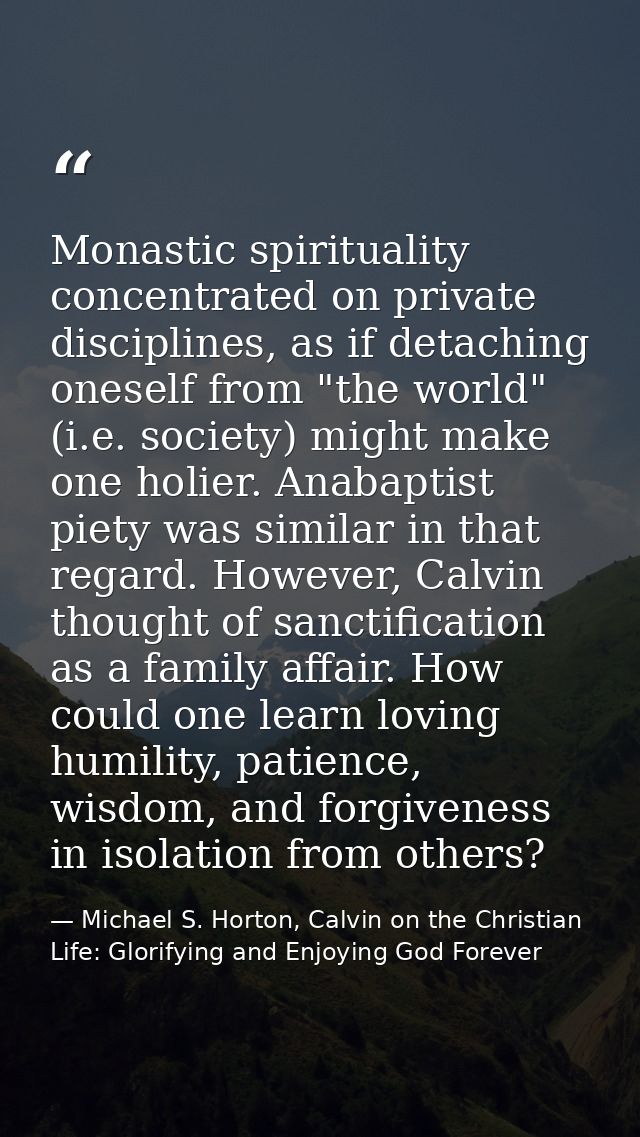 Monastic spirituality concentrated on private disciplines, as if detaching oneself from "the world" (i.e. society) might — Michael S. Horton, Calvin on the Christian Life: Glorifying and Enjoying God Forever