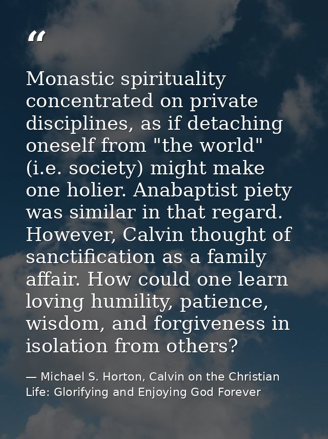 Monastic spirituality concentrated on private disciplines, as if detaching oneself from "the world" (i.e. society) might — Michael S. Horton, Calvin on the Christian Life: Glorifying and Enjoying God Forever