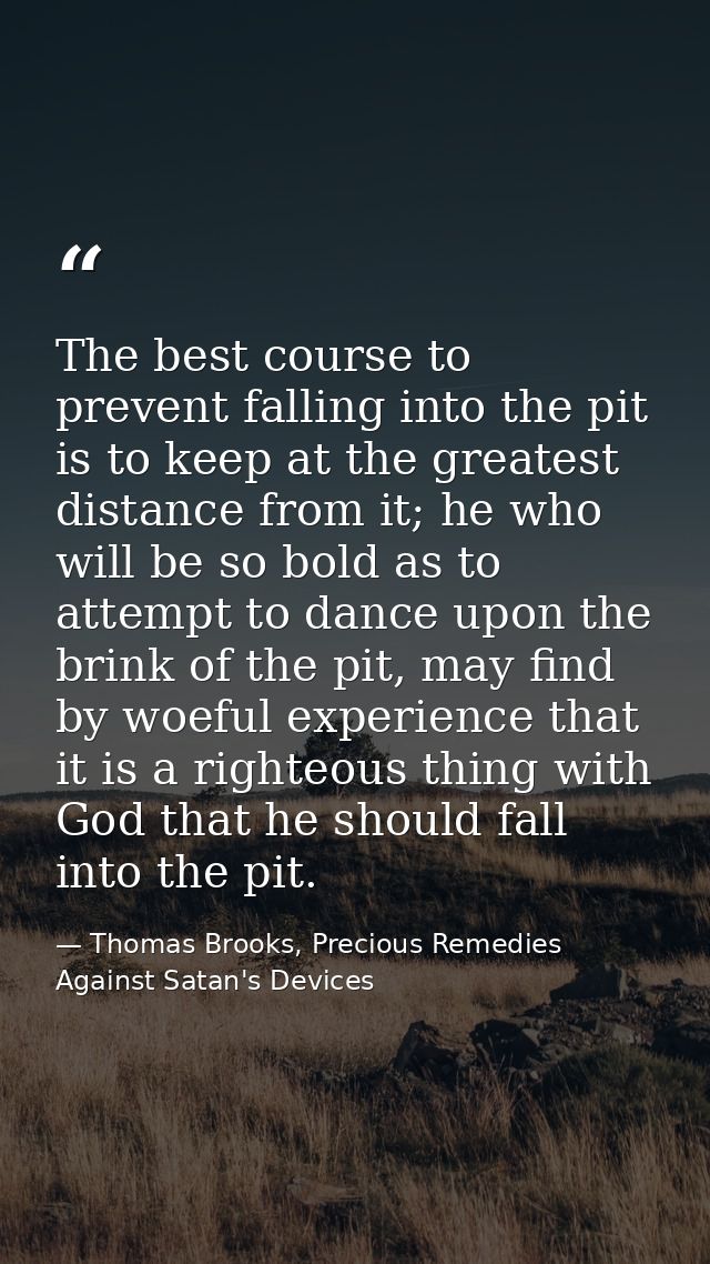 The best course to prevent falling into the pit is to keep at the greatest distance from it; he who will be so bold as t — Thomas Brooks, Precious Remedies Against Satan's Devices