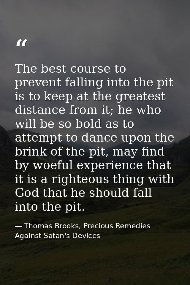 The best course to prevent falling into the pit is to keep at the greatest distance from it; he who will be so bold as t — Thomas Brooks, Precious Remedies Against Satan's Devices