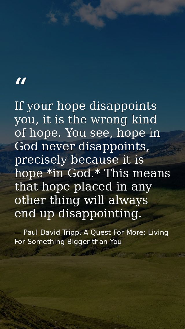 If your hope disappoints you, it is the wrong kind of hope. You see, hope in God never disappoints, precisely because it — Paul David Tripp, A Quest For More: Living For Something Bigger than You
