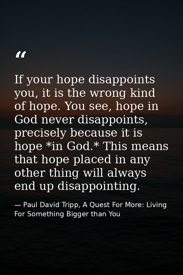 If your hope disappoints you, it is the wrong kind of hope. You see, hope in God never disappoints, precisely because it — Paul David Tripp, A Quest For More: Living For Something Bigger than You
