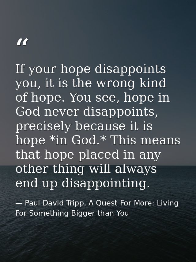 If your hope disappoints you, it is the wrong kind of hope. You see, hope in God never disappoints, precisely because it — Paul David Tripp, A Quest For More: Living For Something Bigger than You