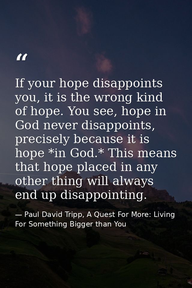 If your hope disappoints you, it is the wrong kind of hope. You see, hope in God never disappoints, precisely because it — Paul David Tripp, A Quest For More: Living For Something Bigger than You