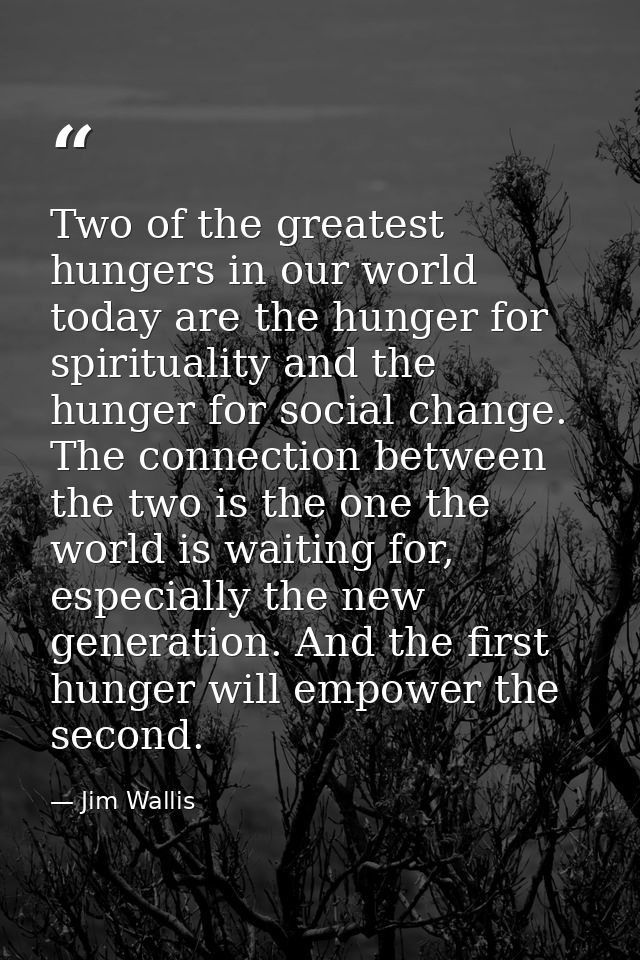 Two of the greatest hungers in our world today are the hunger for spirituality and the hunger for social change. The con — Jim Wallis