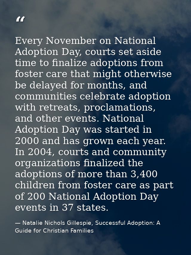 Every November on National Adoption Day, courts set aside time to finalize adoptions from foster care that might otherwi — Natalie Nichols Gillespie, Successful Adoption: A Guide for Christian Families