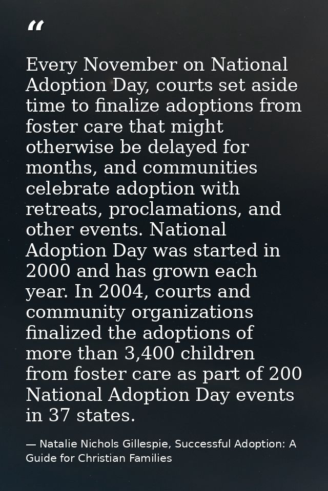 Every November on National Adoption Day, courts set aside time to finalize adoptions from foster care that might otherwi — Natalie Nichols Gillespie, Successful Adoption: A Guide for Christian Families