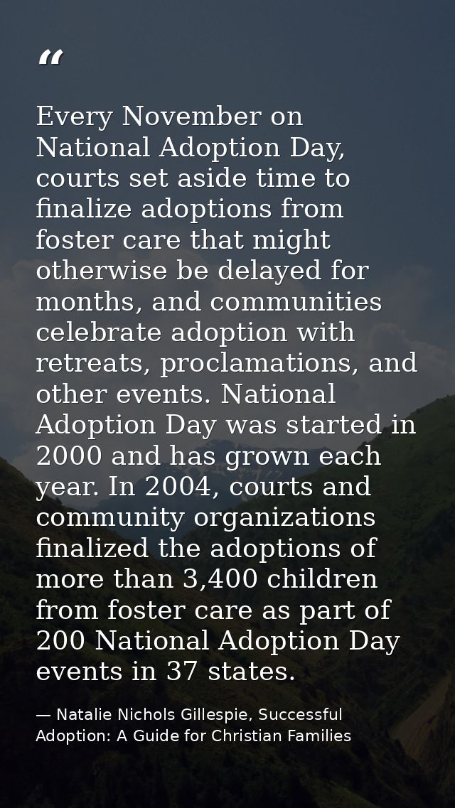 Every November on National Adoption Day, courts set aside time to finalize adoptions from foster care that might otherwi — Natalie Nichols Gillespie, Successful Adoption: A Guide for Christian Families