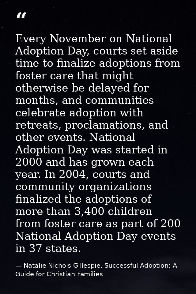 Every November on National Adoption Day, courts set aside time to finalize adoptions from foster care that might otherwi — Natalie Nichols Gillespie, Successful Adoption: A Guide for Christian Families