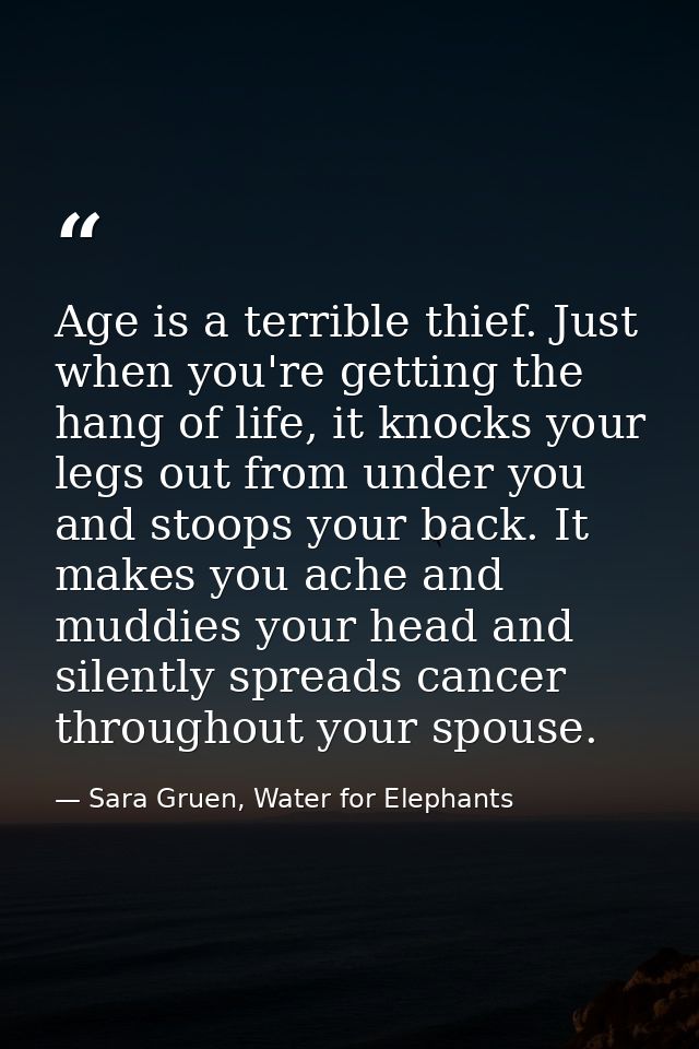 Age is a terrible thief. Just when you're getting the hang of life, it knocks your legs out from under you and stoops yo — Sara Gruen, Water for Elephants