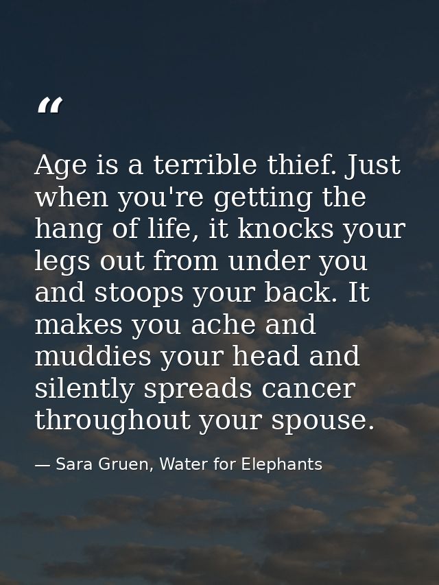 Age is a terrible thief. Just when you're getting the hang of life, it knocks your legs out from under you and stoops yo — Sara Gruen, Water for Elephants