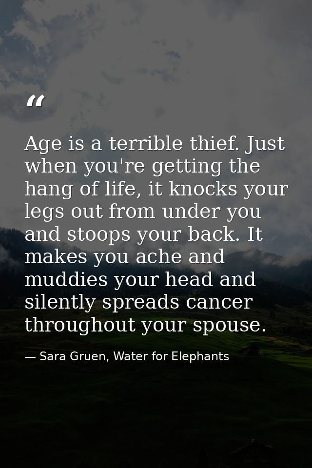 Age is a terrible thief. Just when you're getting the hang of life, it knocks your legs out from under you and stoops yo — Sara Gruen, Water for Elephants