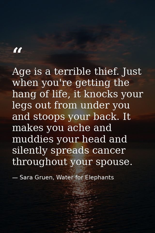 Age is a terrible thief. Just when you're getting the hang of life, it knocks your legs out from under you and stoops yo — Sara Gruen, Water for Elephants