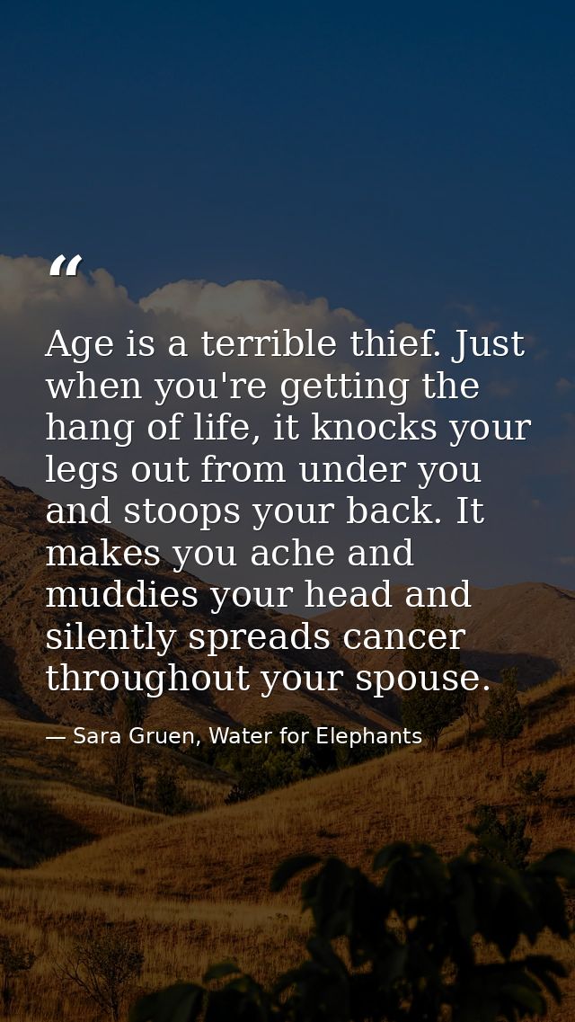 Age is a terrible thief. Just when you're getting the hang of life, it knocks your legs out from under you and stoops yo — Sara Gruen, Water for Elephants