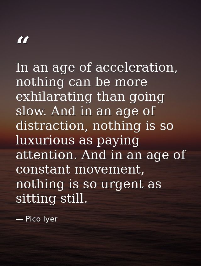 In an age of acceleration, nothing can be more exhilarating than going slow. And in an age of distraction, nothing is so — Pico Iyer