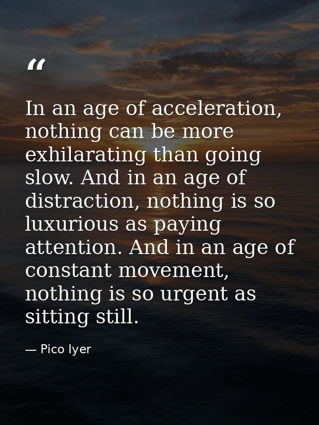 In an age of acceleration, nothing can be more exhilarating than going slow. And in an age of distraction, nothing is so — Pico Iyer