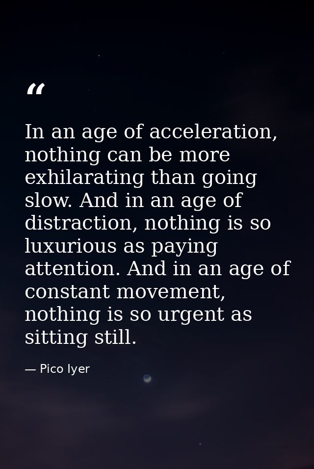 In an age of acceleration, nothing can be more exhilarating than going slow. And in an age of distraction, nothing is so — Pico Iyer