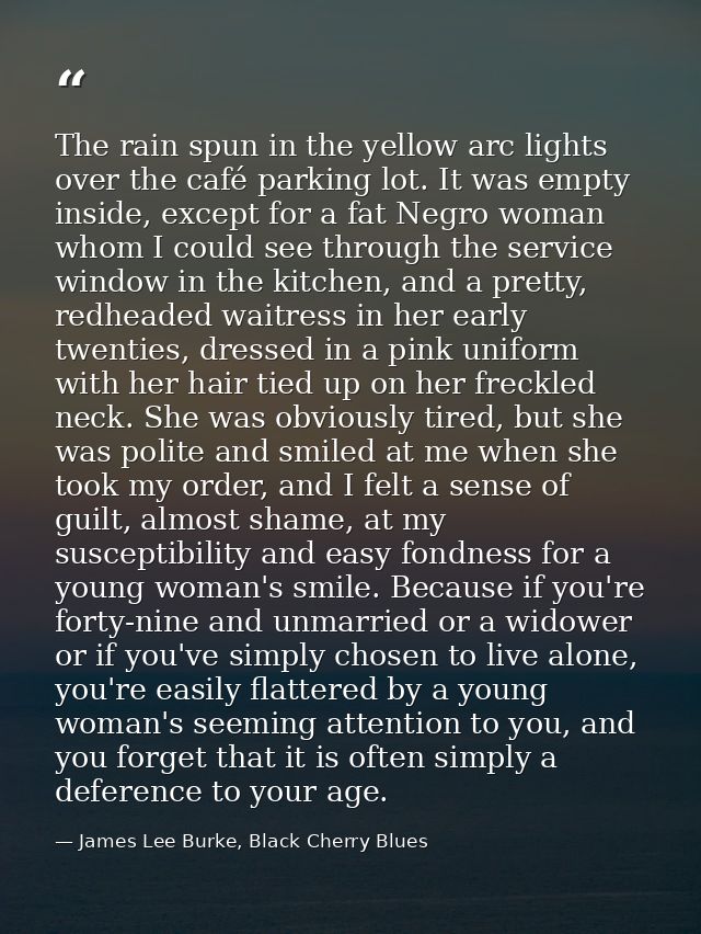 The rain spun in the yellow arc lights over the café parking lot. It was empty inside, except for a fat Negro woman whom — James Lee Burke, Black Cherry Blues